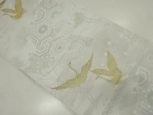 リサイクル　鶴に地紙・古典柄織り出し袋帯